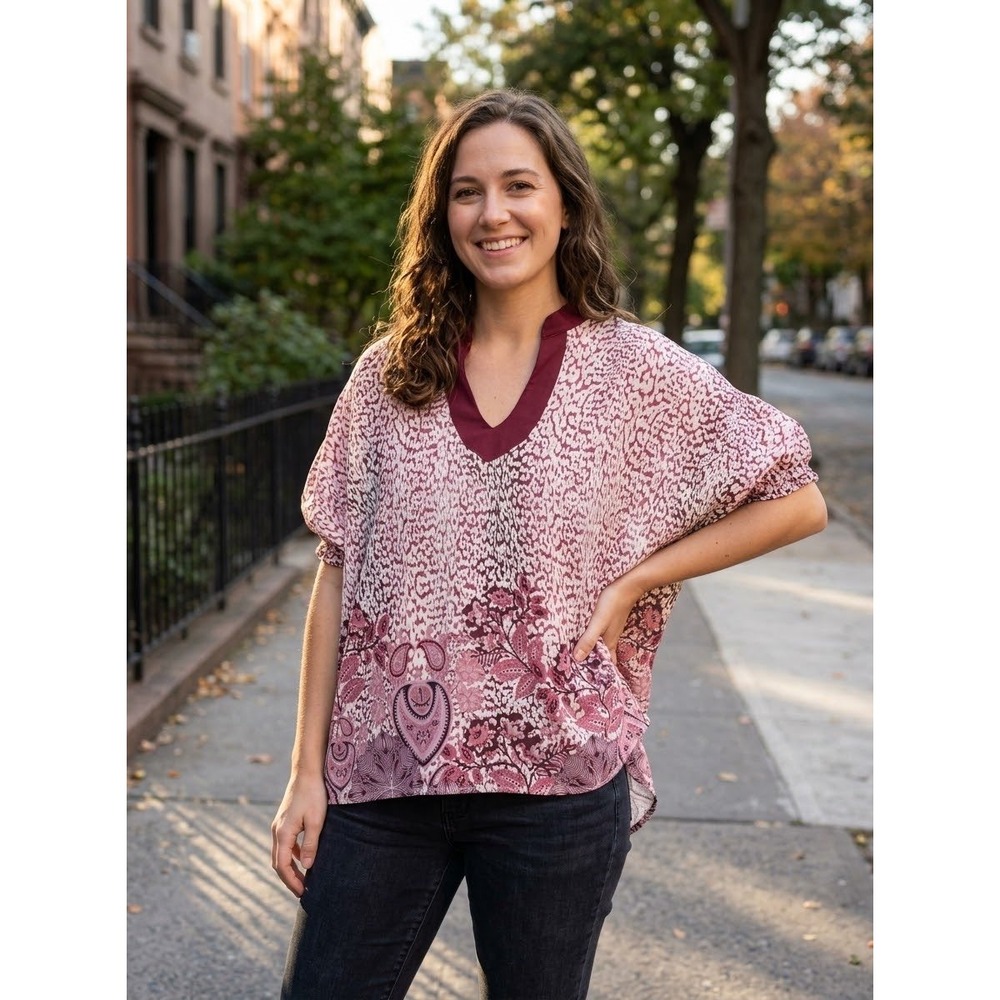 Entro Womens Boho V-Neck Paisley Floral Dolman Sleeve Top Burgundy T28936 Small